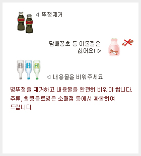 병뚜껑을 제거하고 내용물을 완전히 비워야 합니다. 주류, 청량음료병은 소매점 등에서 환불하여 드립니다.-뚜껑제거 -내용물을 비워주세요. -담배꽁초 등 이물질은 싫어요!