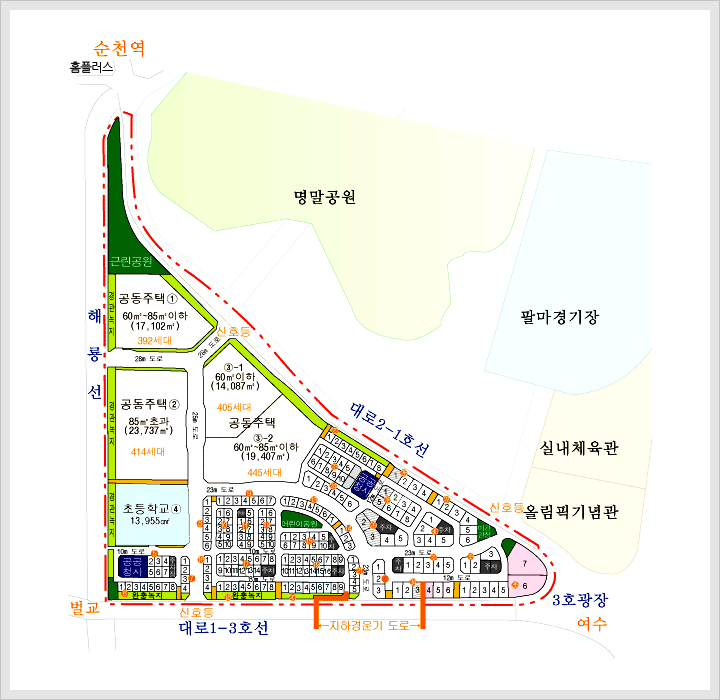 택지 공급 계획도 (연향3지구)로 순천역의 해룡선에서부터 벌교방향으로 대로 1-3호선까지 대로1-3호선에서 여수방향으로 3호광장까지, 3호광장에서 순천역 방향으로 대로2-1호선을 경계로 택지를 공급합니다.  주변 시설로는 명말공원, 팔마경기장, 실내체육관, 올림픽 기념관이 있습니다.