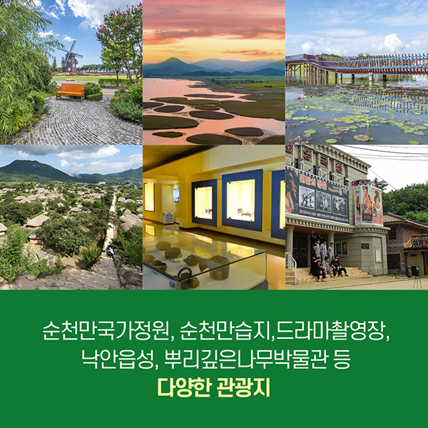 순천만국가정원, 순천만습지, 드라마촬영장, 낙안읍성, 뿌리깊은나무박물관 등 다양한 관광지