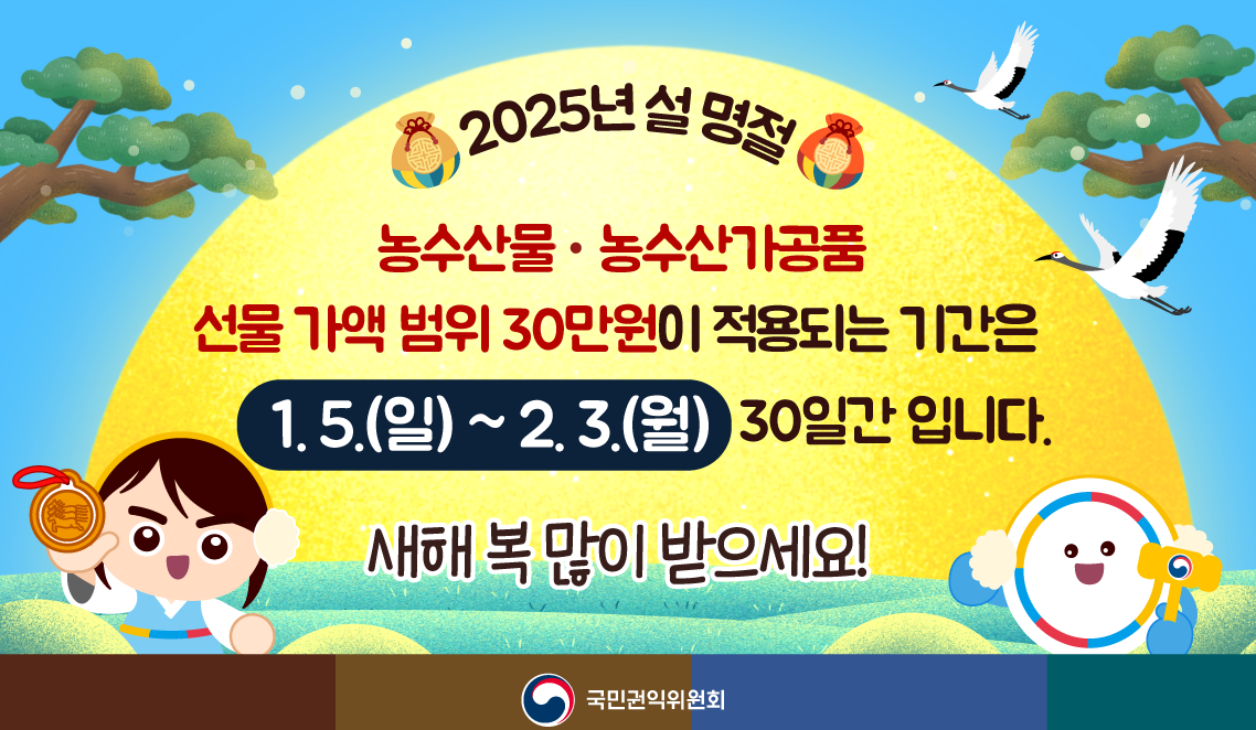 2025년 설명절 농수산물 농수산가공품 선물가액 범위 30만원이 적용되는 기간은 1.5.일 ~ 2.3.월 30일간입니다. 새해 복 많이 받으세요! 국민권익위원회