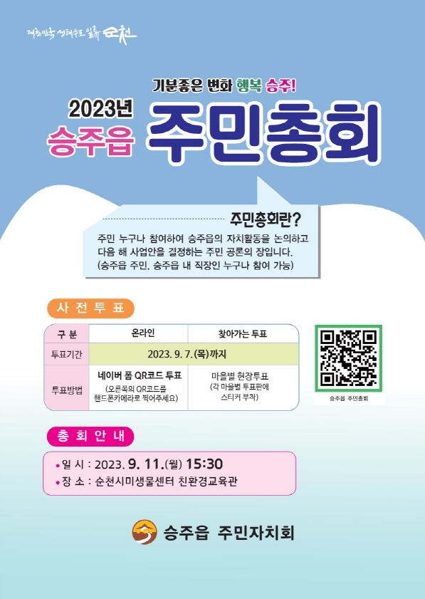 기분좋은 변화 행복 승주 2023년 승주읍 주민총회
주민총회란 주민 누구나 참여하여 승주읍의 자치활동을 논의하고 다음 해 사업안을 결정하는 주민 공론의 장입니다.(승주읍 주민, 승주읍 내 직장인 누구나 참여 가능)
사전투표
투표기간 2023.9.7(목)까지
투표방법
온라인 네이버 폼 QR코드 투표(오른쪽의 QR코드를 핸드폰카메라로 찍어주세요), 찾아가는 투표 마을별 현장투표(각 마을별 투표판에 스티커 부착)
총회안내
일시 2023.9.11(월) 15시30분
장소 순천시미생물센터 친환경교육관