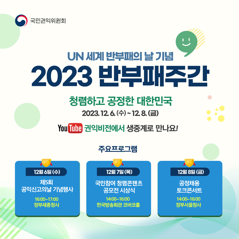 국민권익위원회
UN 세계 반부패의 날 기념
2023 반부패주간
청렴하고 공정한 대한민국
2023.12.6.(수)-12.8.(금)
YouTube 권익비전에서 생중계로 만나요
주요프로그램
12월6일(수)
제5회 공익신고의날 기념행사
16시 부터 17시
정부세종청사
12월7일(목)
국민참여 청렴콘텐츠
공모전 시상식
14시 부터 16시
한국방송회관 코바코홀
12월8일(금)
공정채용
토크콘서트
14시 부터 16시
정부서울청사