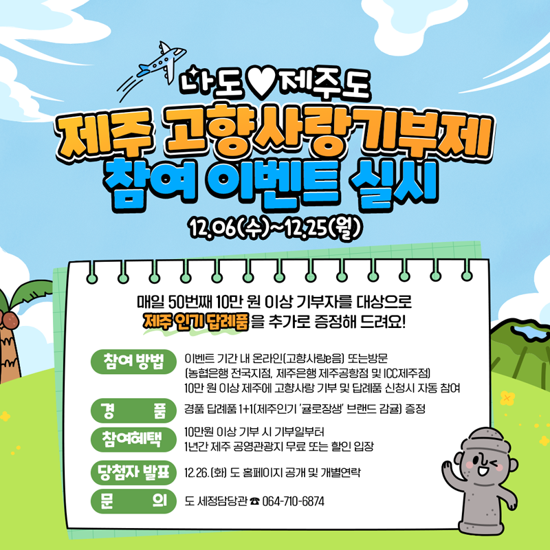 나도 제주도
제주 고향사랑기부제
참여 이벤트 실시
12.06(수)-12.25(월)
매일 50번째 10만원 이상 기부자를 대상으로
제주 인기 답례품을 추가로 증정해 드려요
참여방법 이벤트 기간 내 온라인(고향사랑e음) 또는 방문(농협은행 전국지점, 제주은행 제주공항점 및 ICC제주점)
10만원 이상 제주에 고향사랑 기부 및 답례품 신청시 자동 참여
경품 경품 답례품 1 더하기 1(제주인기 귤로장생 브랜드 감귤) 증정
참여혜택
10만원 이상 기부 시 기부일부터 1년간 제주 공영관광지 무료 또는 할인 입장
당첨자 발표 12.26.(화) 도 홈페이지 공개 및 개별연락
문의 도 세정담당관 064-710-6874