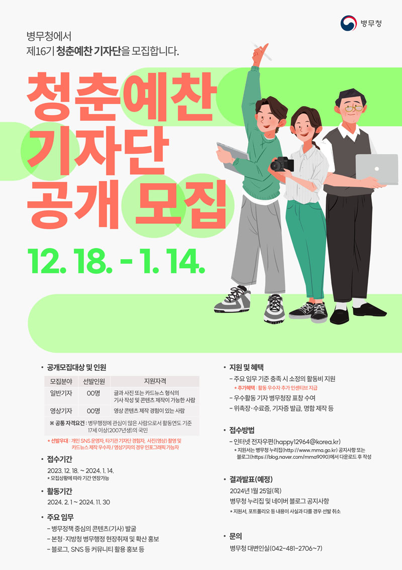 병무청에서 제16기 청춘예찬 기자단을 모집합니다.
청춘예찬 기자단 공개모집 12.18-1.14
공개모집대상 및 인원
모집분야 일반기자, 선발인원 00명, 지원자격 글과 사진 또는 카드뉴스 형식의 가사 작성 및 콘텐츠 제작이 가능한 사람
모집분야 영상기자, 선발인원 00명, 지원자격 영상콘텐츠 제작 경험이 있는 사람
공통 자격요건 병무행정에 관심이 많은 사람으로서 활동연도 기준 17세 이상(2007년생)의 국민
선발우대 개인 SNS운영자, 타기관 기자단 경험자, 사진(영상)촬영 및 카드뉴스 제작 우수자 영상기자의 경우 인포그래픽가능자
접수기간 2023.12.18.-2024.1.14 모집 상황에 따라 기간 연장가능
활동기간 2024.2.1-2024.11.30
주요임무
-병무정책 중심의 콘텐츠(기사) 발굴
-본청.지방청 병무행정 현장취재 및 확산 홍보
-블로그, SNS 등 커뮤니티 활용 홍보 등
지원 및 혜택
-주요 임무 기준 충족 시 소정의 활동비 지원
추가혜택 활동 우수자 추가 인센티브 지급
-우수활동 기자 병무청장 표창 수여
-위촉장.수료증, 기자증 발급, 명합 제작 등
접수방법
-인터넷 전자우편(happy12964골뱅이korea.kr)
지원서는 병무청 누리집(www.mma.go.kr)공지사항 또는 블로그에서 다운로드 후 작성
결과발표(예정)
2024년 1월 25일(목) 병무청 누리집 및 네이버 블로그 공지사항
지원서, 포트폴리오 등 내용이 사실과 다를 경우 선발 취소
문의 병무청 대변인실(042-481-2706-7)