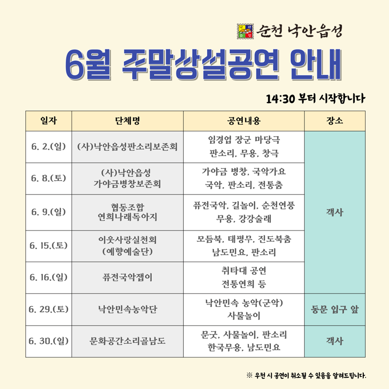 순천 낙안읍성
6월 주말상설공연 안내
14시30분 부터 시작합니다.
(해당이미지는 표로 구성되었습니다. 일자, 단체명, 공연내용, 장소를 나타냅니다)
6.2.(일), (사)낙안읍성판소리보존회, 임경업장군 마당극 판소리 무용 창극, 객사
6.8.(토), (사)낙안읍성 가야금병창보존회, 가야금 병창 국악가요 국악 판소리 전통춤, 객사
6.9.(일), 협동조합 연희나래독아지, 퓨전국악 길놀이 순천연풍무용 강강술래, 객사
6.15.(일), 퓨전국악잽이, 취타대공연 전통연희 등, 객사
6.29.(토), 낙안민속농악단, 낙안민속 농악(군악) 사물놀이, 동문 입구 앞
6.30.(일), 문화공간소리골남도, 문굿 사물놀이 판소리 한국무용 남도민요, 객사
우천시 공연이 취소될 수 있음을 알려드립니다.