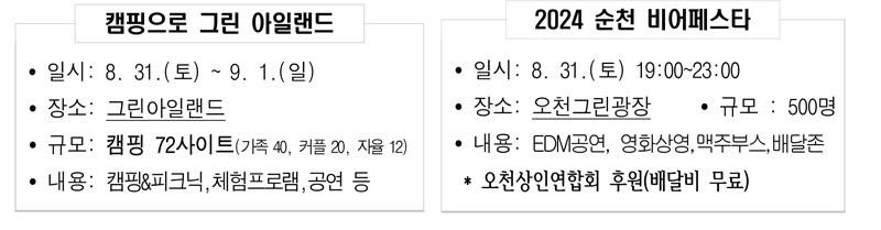 캠핑으로 그린 아일랜드
일시 8. 31.(토)-9. 1.(일)
장소 그린아일랜드
규모 캠핑72사이트(가족 40, 커플 20, 자율 12)
내용 캠핑앤피크닉,체험프로램,공연 등
2024 순천 비어페스타
일시8. 31.(토) 19시-23시
장소오천그린광장 규모 500명
내용EDM공연, 영화상영,맥주부스,배달존 
오천상인연합회 후원(배달비 무료)