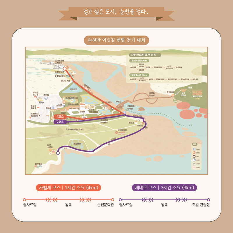 걷고 싶은 도시, 순천을 걷다
순천만 어싱길 맨발 걷기 대회
코스 가볍게 코스 1시간소요(4km) 람사르길-왕복-순천문학관
제대로 코스 3시간 소요(9km) 람사르길-왕복-갯벌 관찰장