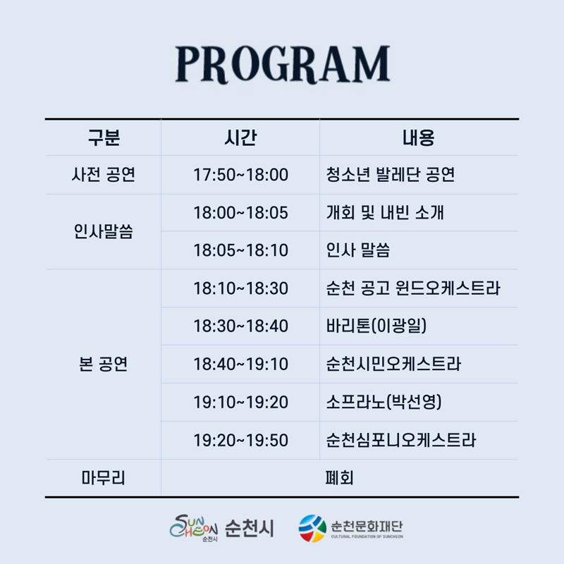 PROGRAM
(해당이미지는 표로 구성되어 있습니다. 구분, 시간, 내용을 나타냅니다)
사전공연, 17시50분-18시, 청소년 발레단 공연
인사말씀
18시-18시05분, 개회 및 내빈소개
18시05분-18시10분, 인사말씀
본공연
18시10분-18시30분, 순천 공고 윈드오케스트라
18시30분-18시40분, 바리톤(이광일)
18시40분-19시10분, 순천시민오케스트라
19시10분-19시20분, 소프라노(박선영)
19시20분-19시50분, 순천심포니오케스트라
마무리, 폐회